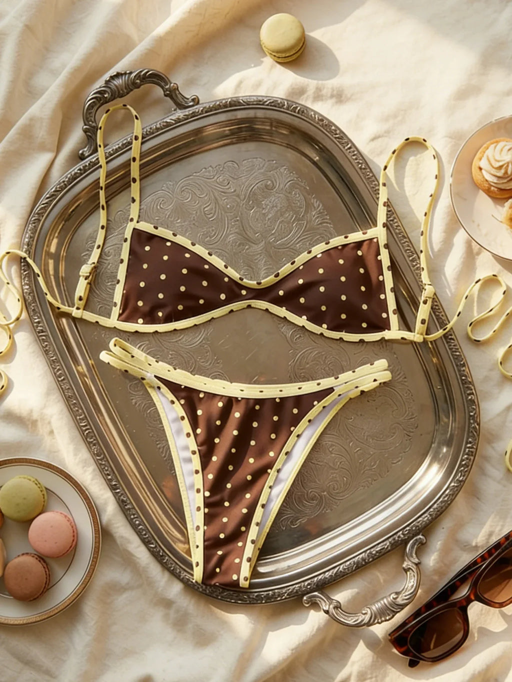 Sexy Coffee Polka Dot Print Bikini Set 2026 Women Pleate Push Up Bra Hollow Out Thong Swimsuit Summer Pool Bathing Suit Swimwear