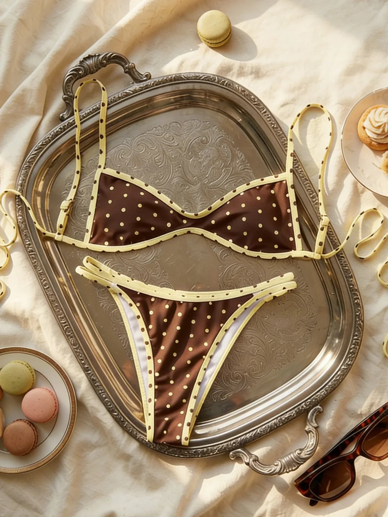 Sexy Coffee Polka Dot Print Bikini Set 2026 Women Pleate Push Up Bra Hollow Out Thong Swimsuit Summer Pool Bathing Suit Swimwear