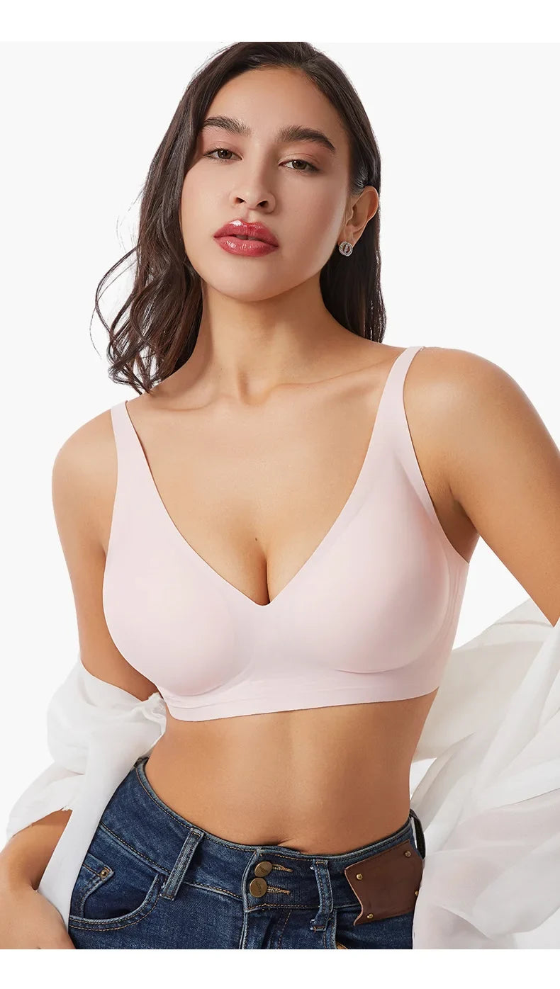 Women's Deep V Jelly Seamless Bra Wire-Free 3D Soft Support Thin Molding Leopard Print Solid Color Comfortable Bra Underwear