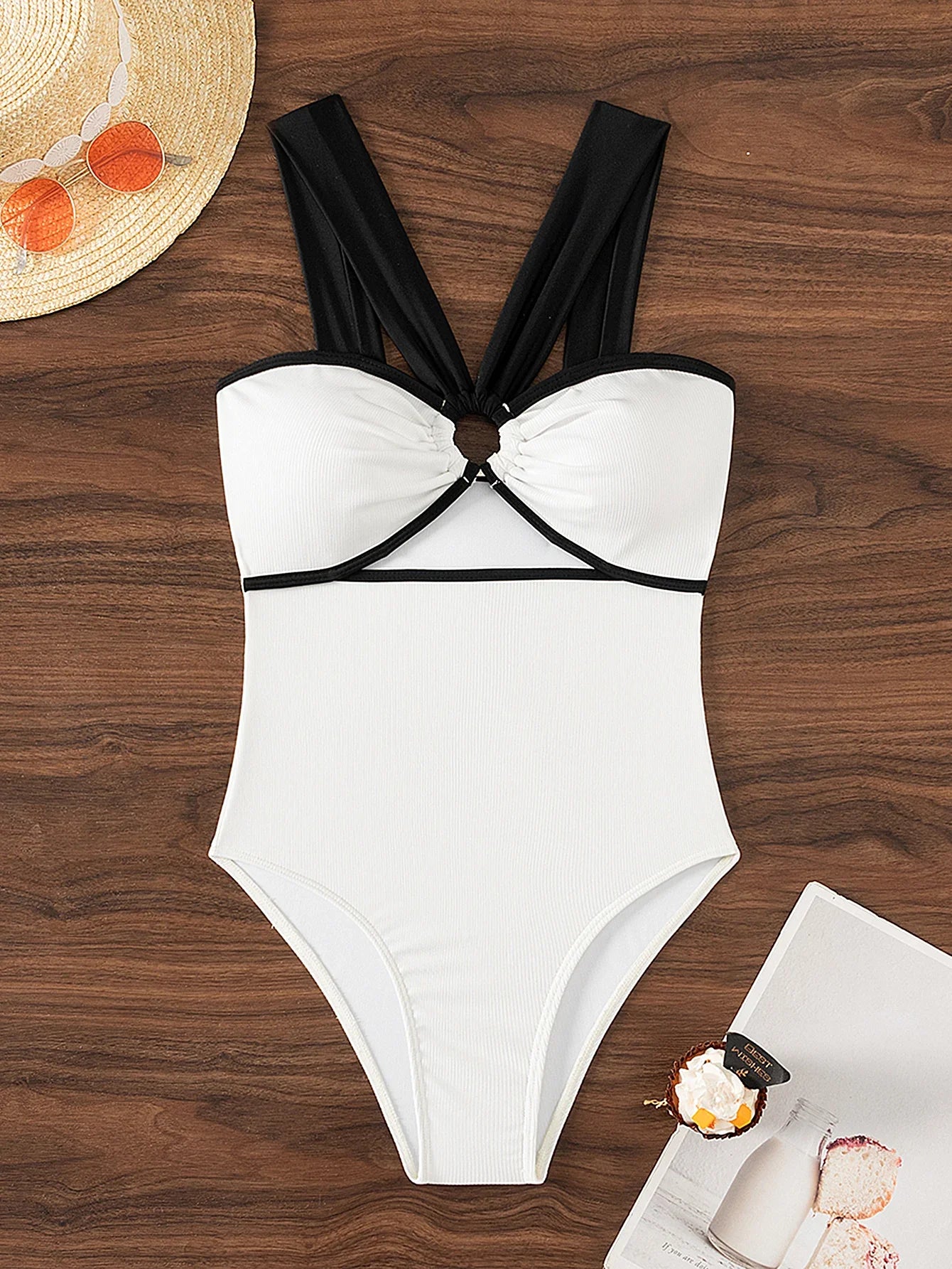 New White Black Patchwork Swimwear Women Halter Metal Ring Linked Hollow Out Slim Tummy Control One Piece Swimsuit Monokini 2025