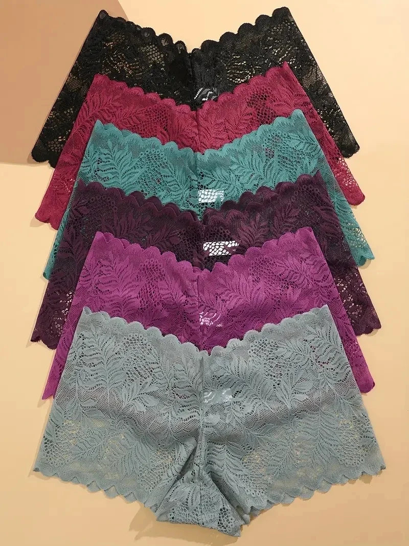 6PCS Women Lace Boxers Briefs Sexy Seamless Breathable Low Waist Female Underwear Solid Color Intimates High Elastic Lingerie