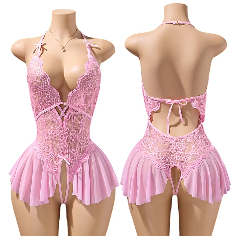 Pink Sexy Lingerie Women Hollow Open Bodysuit  Adult Apparel Teddy Crotchless Erotic Underwear One Piece V-neck Hot Lace Pajamas