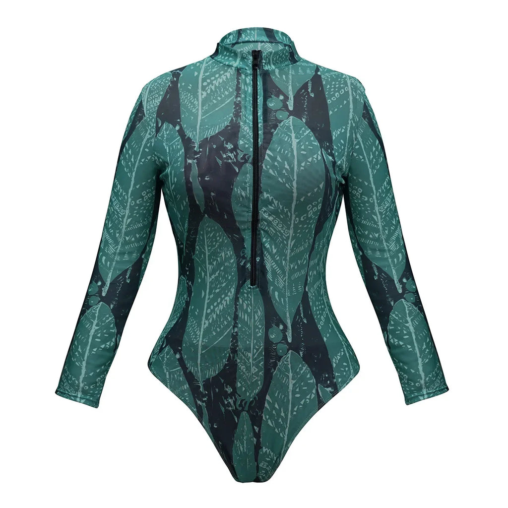 UPF35 Long Sleeved Sunscreen Swimsuit Long Pants Set Women Black Geometry Print Zipper Slim Fit Swimwear Bodysuit Beachwear 2025
