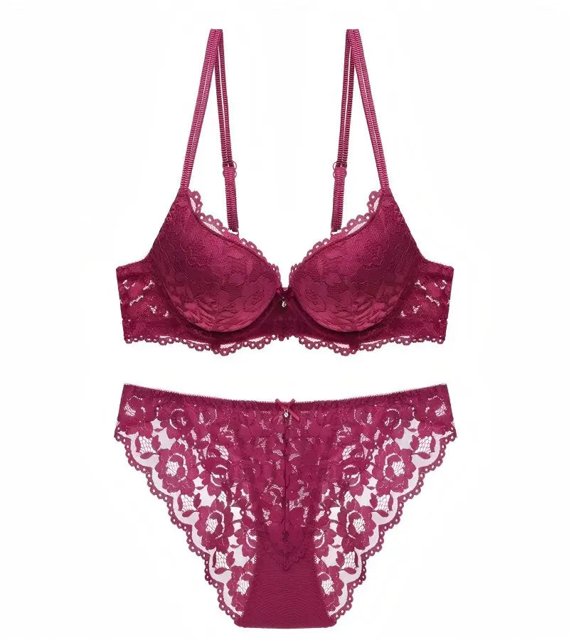 Women's Underwear Set Sexy Hollow Lace Floral Bow Padded Push up Bra Suitable for Small Busts Sexy Bras and Panties