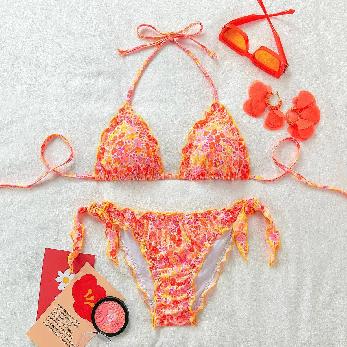 Cute Orange Floral Print Bikini Set Women Halter Ruffles Push Up Tie Side Thong Swimsuit 2026 Summer Bathing Suit Micro Swimwear