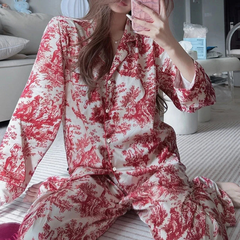 Ink Printed Ice and Snow Silk Pajama Set for Women Spring and Autumn Simple Small Lapel Long Sleeve Home Clothes Nightwear