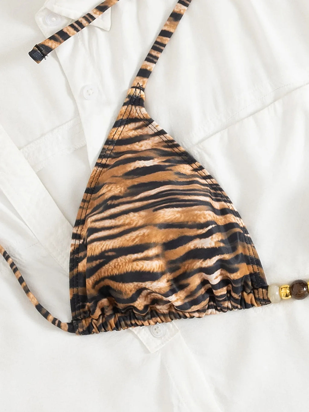 Sexy Coffee Tiger Print Micro Bikini 2026 Women Halter Push Up Bra Tie Side Thong Swimsuit Brazilian Beach Bathing Suit Swimwear