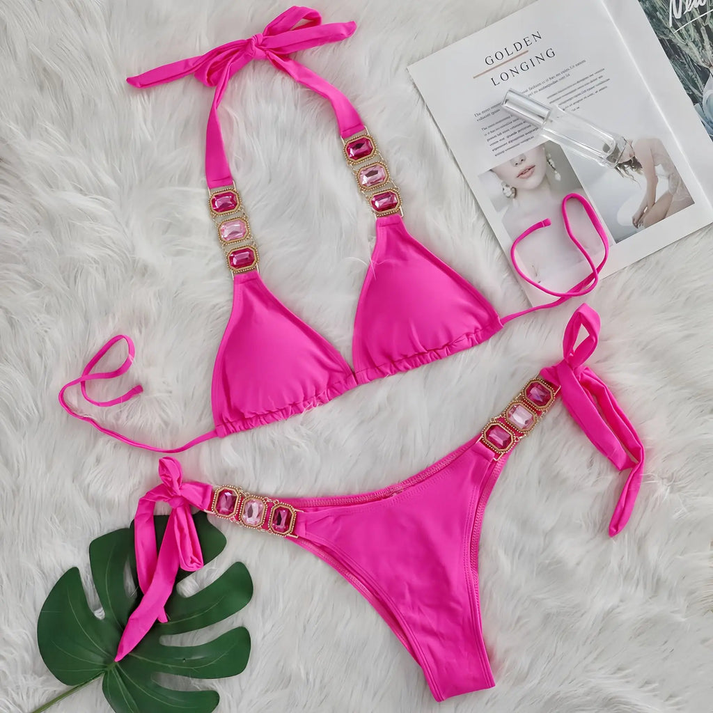 Sexy Rhinestone Bikini Set Women 2026 Luxury Pink Crystal Diamond Push Up Bandage Thong Swimsuit Beach Bathing Suit Swimwear