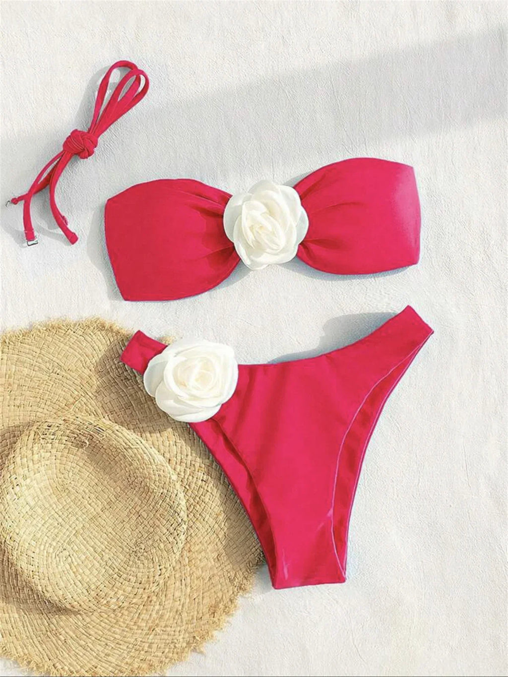 3D Flowers Bandeau Bikini 2024 Women Sexy Green Contrast Push Up Micro Swimsuit Bathers Bathing Suit Thong Swimwear Beachwear