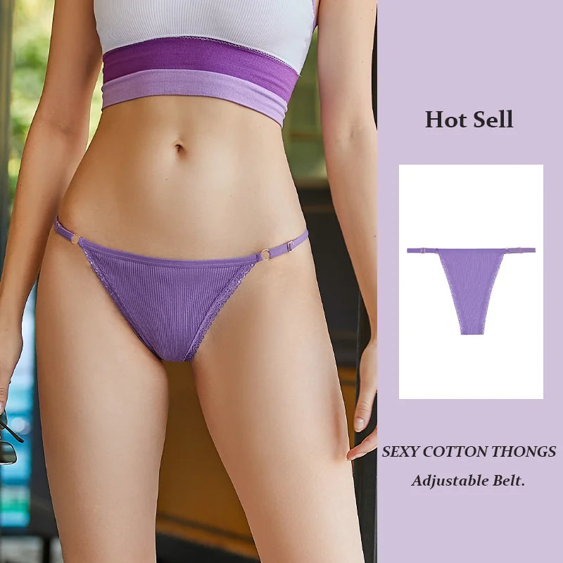 Sexy Women Cotton Thongs Adjustable Belt Seamless Panties Breathable Low Waist Lingerie Female Soft Solid Color Intimates