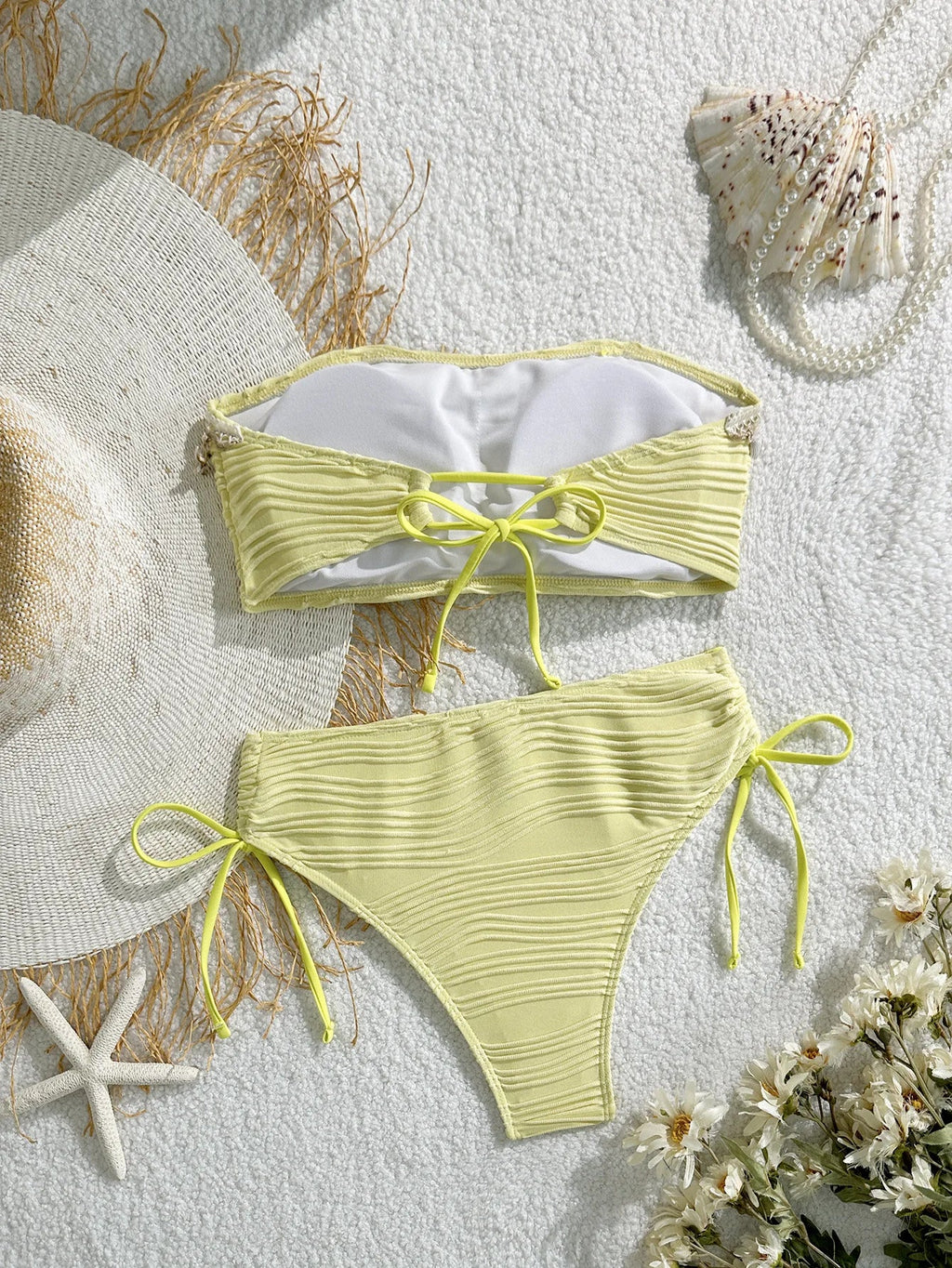 Sexy Bandeau Bikini Set 2025 Women Black Shell Starfish Push Up Drawstring Side High Waist Swimsuit Beach Bathing Suit Swimwear