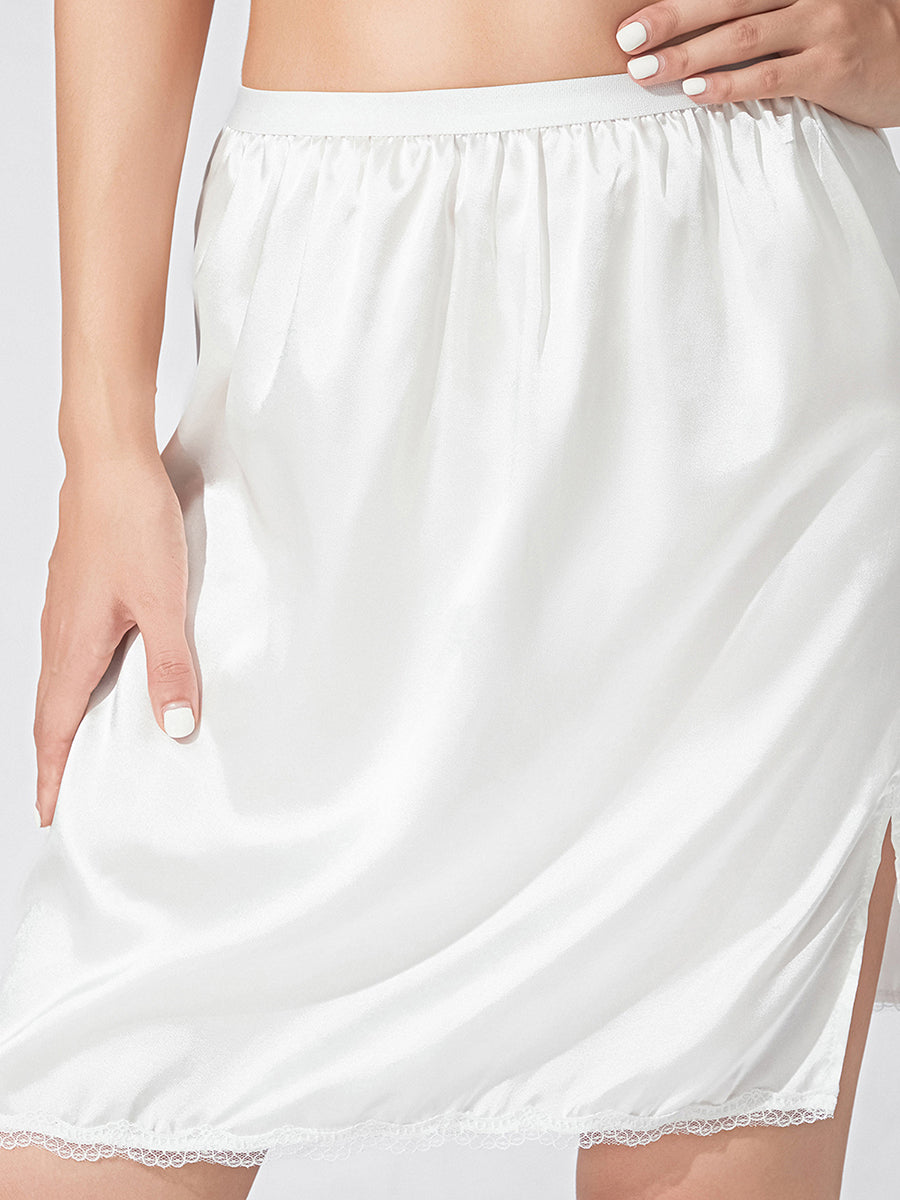 Women's Solid Color Skirts Elastic Waist Satin Underskirt Lace Trim Skirt for Under Dresses Black/White
