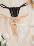3-Pack Women's Sexy Lace Panties Underwear, Adjustable Strap Floral Lace Sheer Mesh Sexy Thong