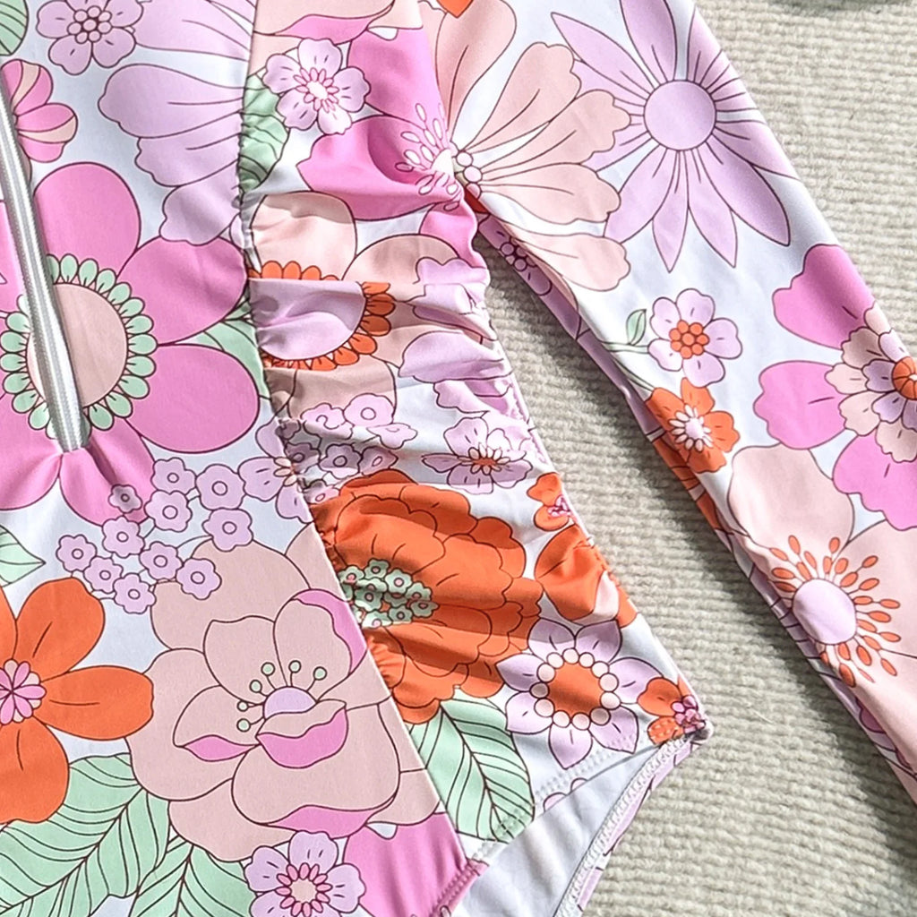 Vintage Pink Floral Print Swimwear Women 2026 Front Zipper Long Sleeve Sunscreen One Piece Swimsuit Bathing Suit Surf Monokini