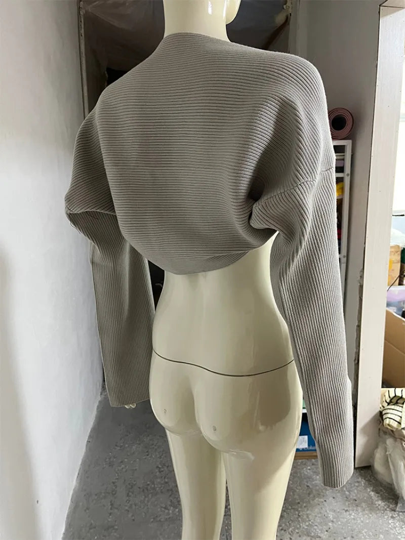 Trendix Knit Tank Top Sets For Women Fashion High Neck Vest And Long Sleeve Shawl 2 Piece Suits Sexy Backless Knitwear Top Femme