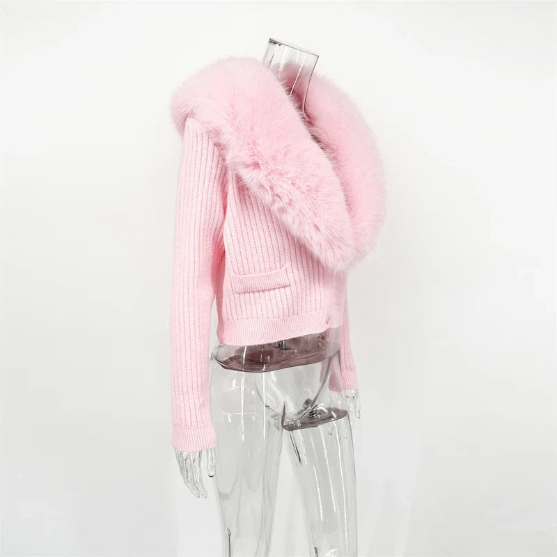 Trendix Black Knit Cardigan For Women Winter Detachable Faux Fur Collar Short Tops Street Slim Party Elegant Outerwear Top Femme