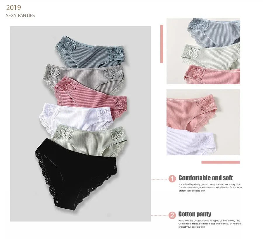 New 3Pcs/set Women's Cotton Panties M-2XL Women Patchwork Lace Underwear Sexy Low Waist Briefs Ladies Comfortable Underpants
