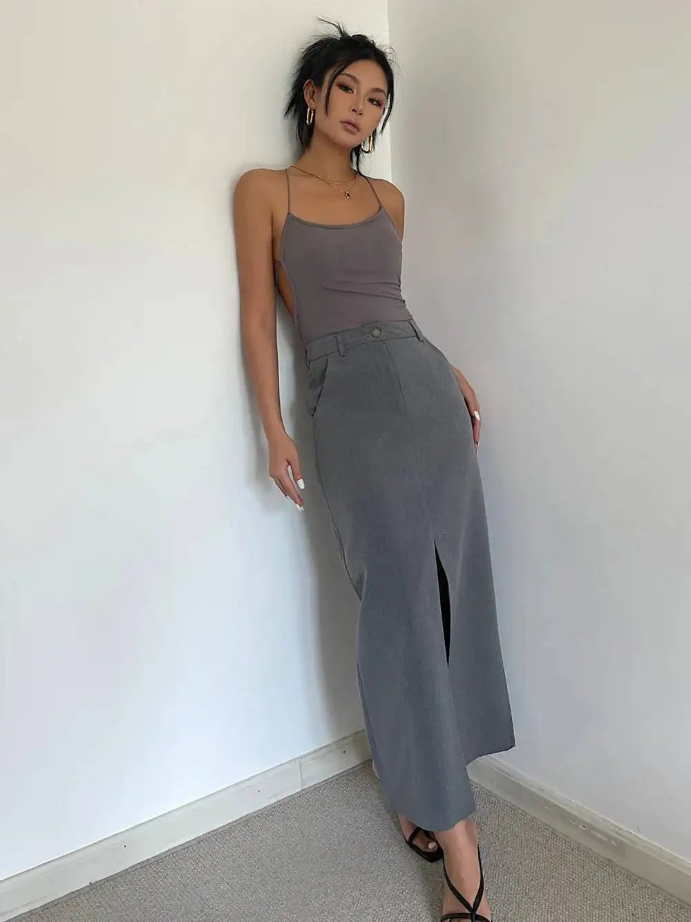 WOMENGAGA Retro High Waist Half Skirt Girl Bifurcate Slim A-LINE Gray Skirts Fashion American Spicy Girls 2023 New 5P2F