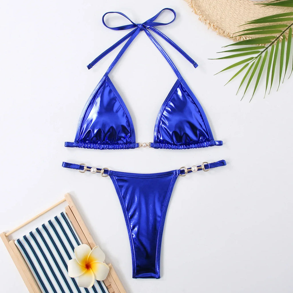 Shiny Pink Micro Bikini 2026 Mujer Women Sexy PU Pearls Push Up Thong Swimsuit Summer Bathing Suit Bandage Holiday Swimwear
