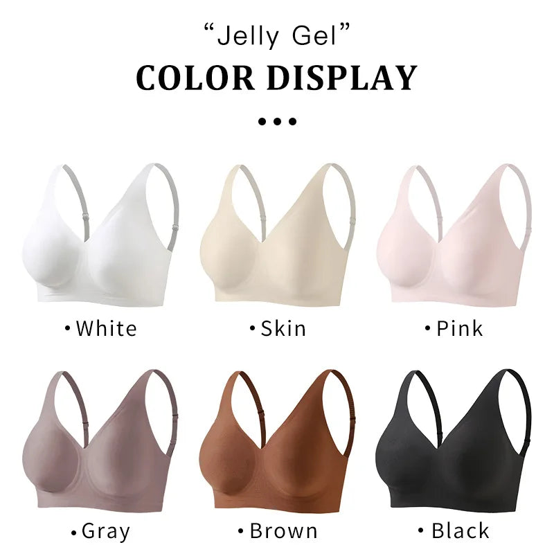 Women's Deep V Jelly Seamless Bra Wire-Free 3D Soft Support Thin Molding Leopard Print Solid Color Comfortable Bra Underwear
