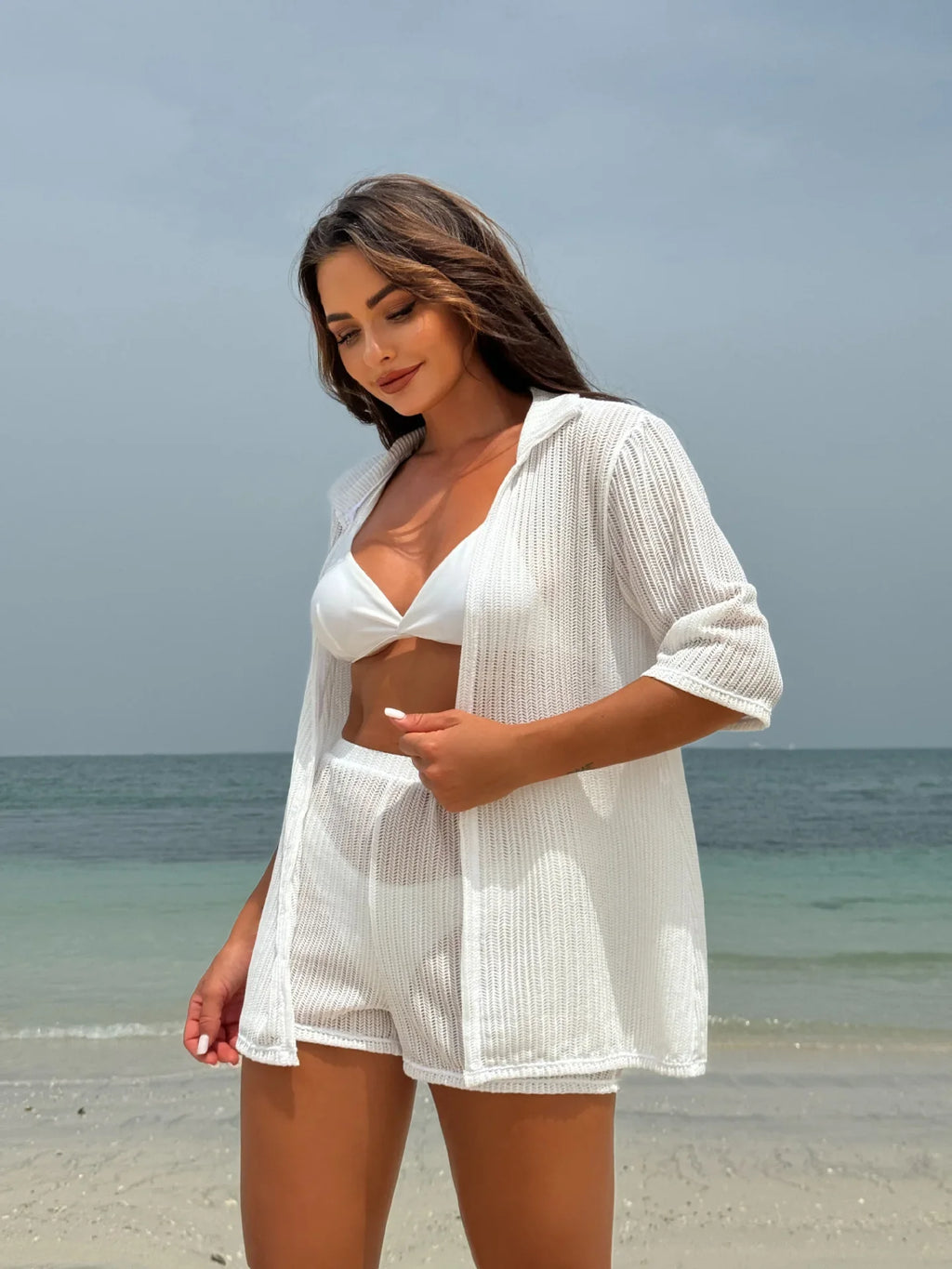 Summer 4 Piece Bikinis Sets Women Black White Mesh Half Sleeve Cover Up with High Waist Panties Swimsuit Bathing Suit Swimwear