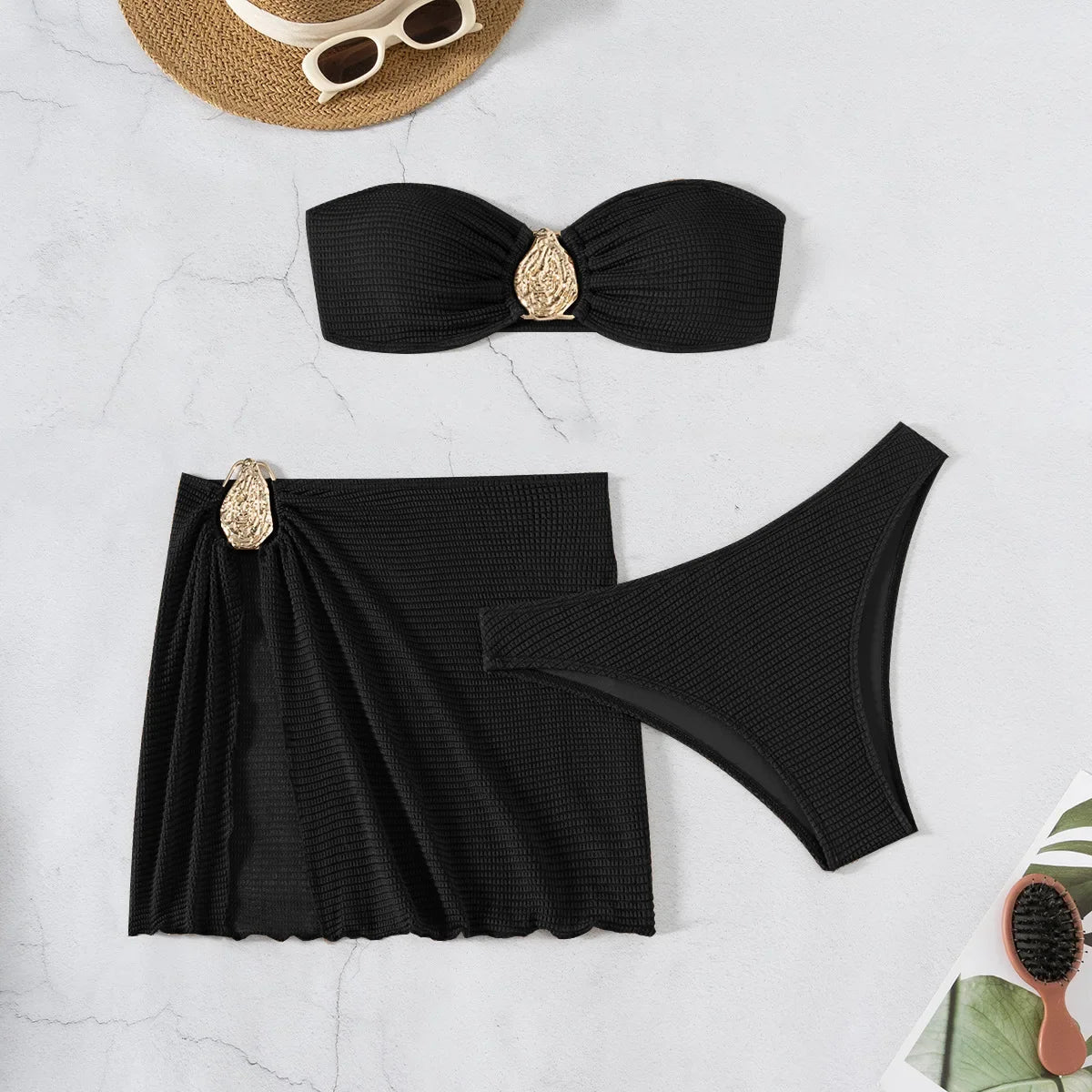 2026 New Sexy Bandeau Bikini Women Metal Water Droplet Ornament Push Up Mesh Skirt 3 Piece Swimsuit Beach Bathing Suit Swimwear