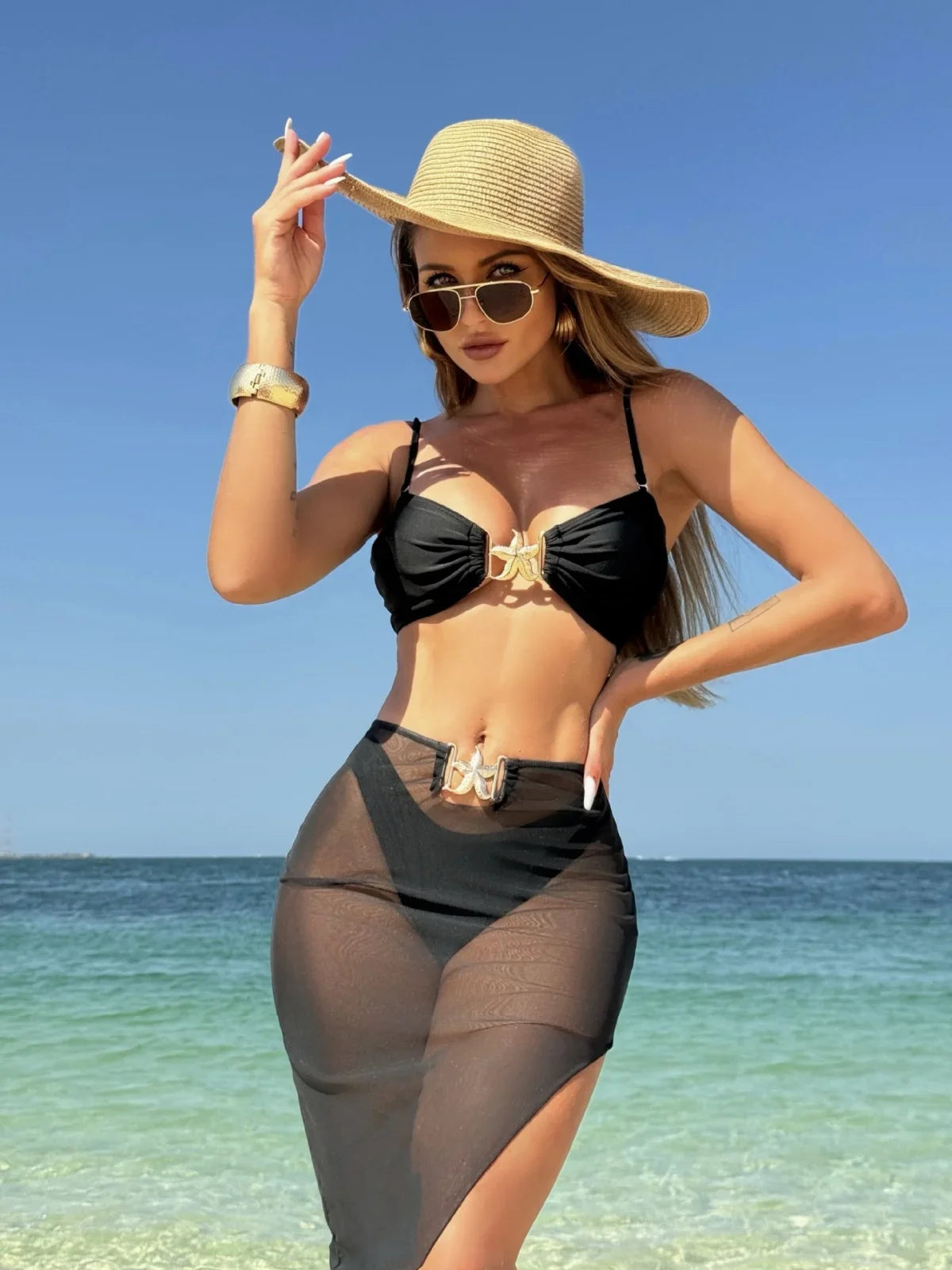 Sexy White Black Skirt 3 Piece Bikini Set 2025 Women Starfish Ornament Push Up High Waist Swimsuit Beach Bathing Suit Swimwear