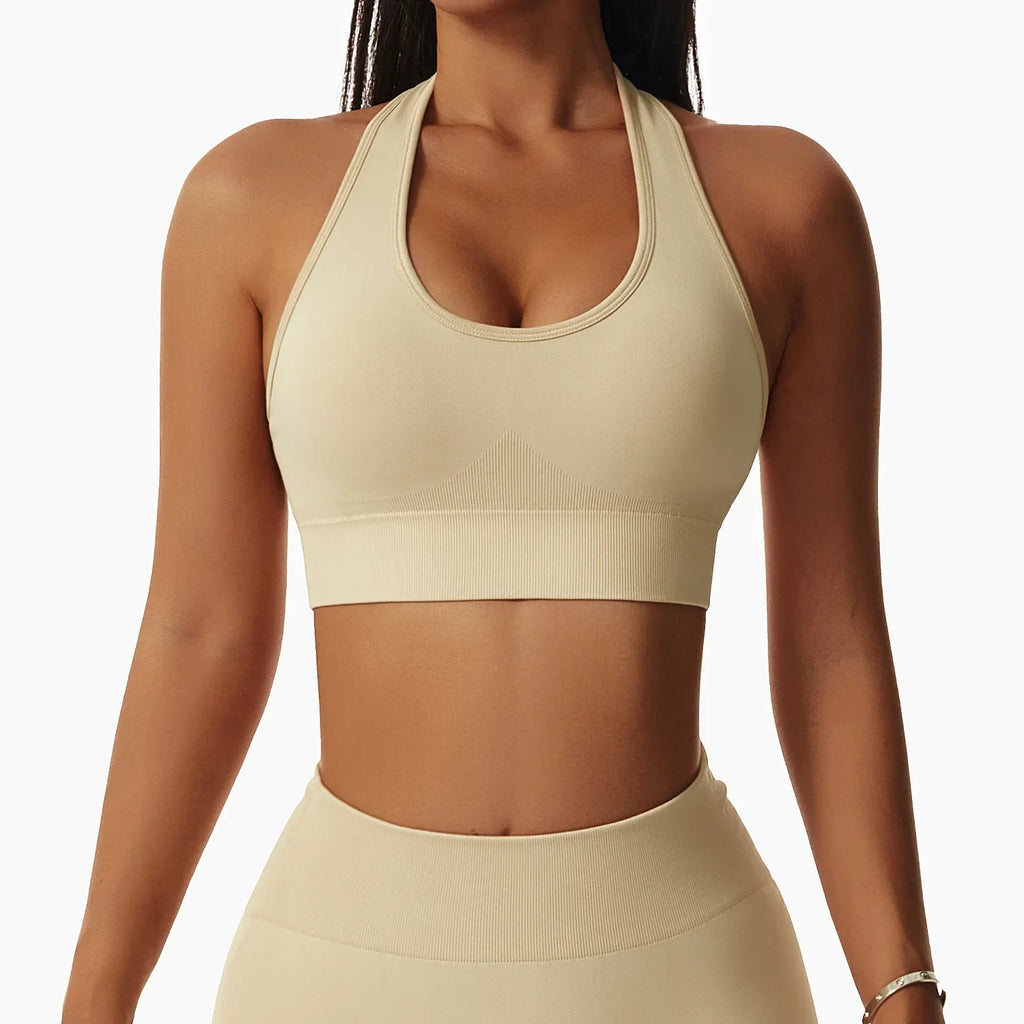 Sexy Halter Yoga Bra Gym Workout Push Up Running Sports Underwear Gathering Sports Vest Beautiful Back Fitness Top
