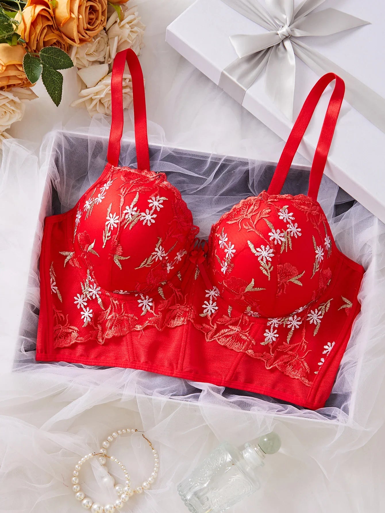 Plus Size Floral Embroidered Lace Bustier Bra – Push Up, Tummy Control & Non-Slip Corset Top