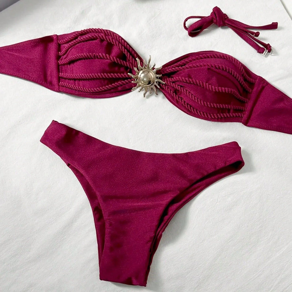 Sexy Bandeau Bikini 2026 Women Coffee Braiding Rope Pleate Tie Push Up High Waist Swimsuit Beach Holiday Bathing Suit Swimwear