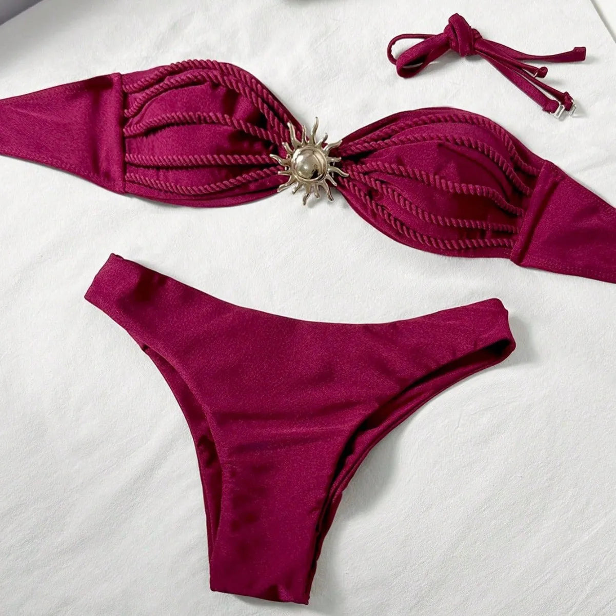 Sexy Bandeau Bikini 2026 Women Coffee Braiding Rope Pleate Tie Push Up High Waist Swimsuit Beach Holiday Bathing Suit Swimwear