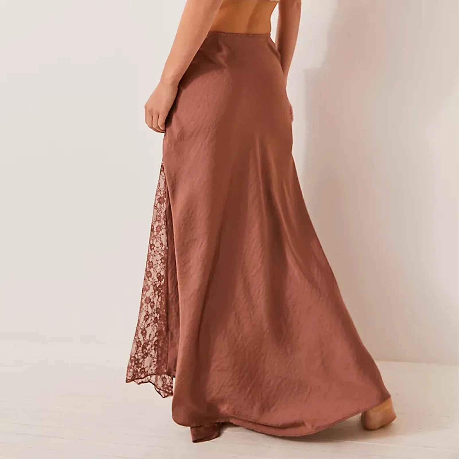 Solid Women Long Skirts Summer Elegant Low Waist Lace Satin Patchwork Skirts with Lace Flower Vintage Skirts Ball Gown Skirts