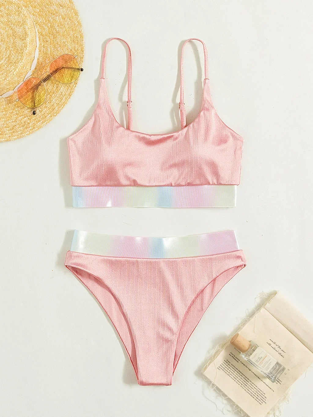 Shiny Pink Contrast Bikini Set Women Halter Push Up Patchwork High Waist Swimsuit 2025 Designer Bathing Suit Two Piece Swimwear