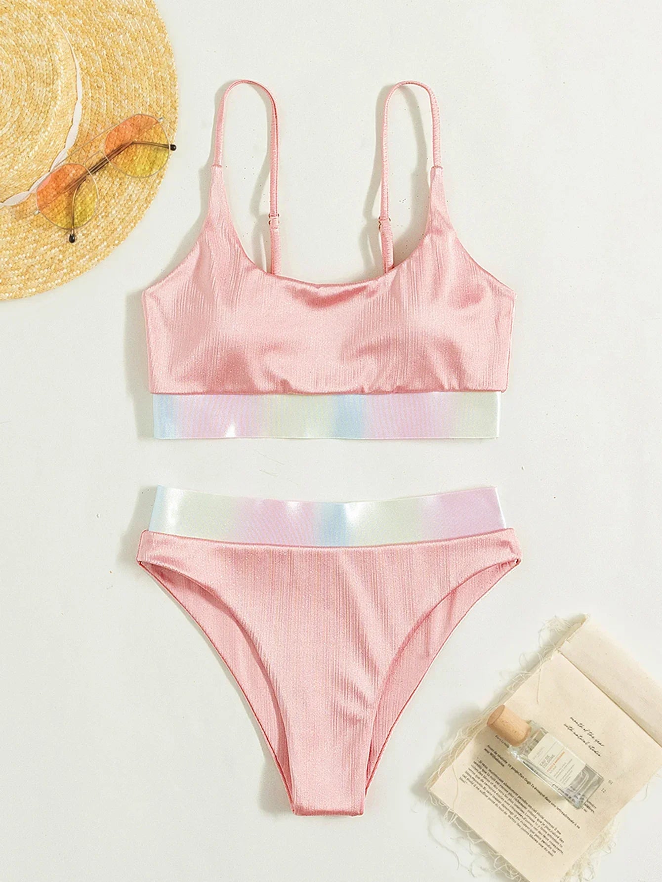 Shiny Pink Contrast Bikini Set Women Halter Push Up Patchwork High Waist Swimsuit 2025 Designer Bathing Suit Two Piece Swimwear
