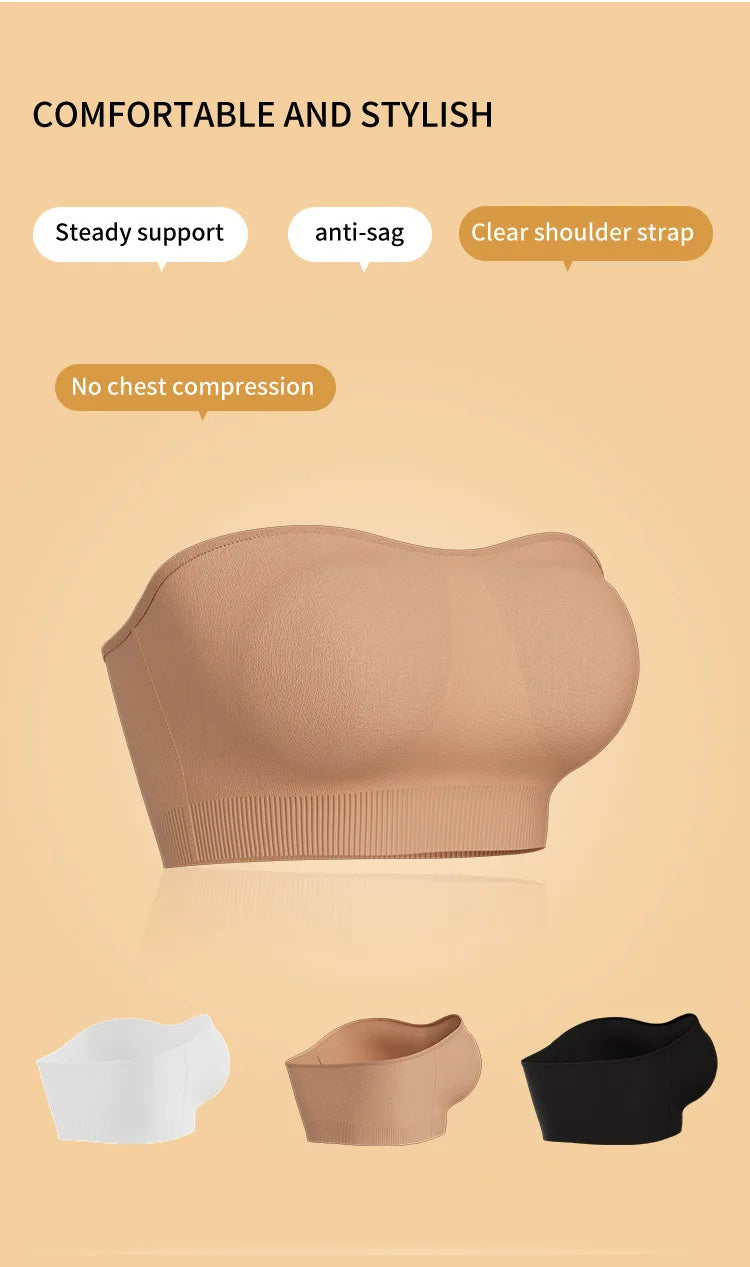 Women's Strapless and Wire-free Bandeau Bra with Full Cup Thin Mold Padding Non-slip Silicone Seamless Bra Plus Size Underwear