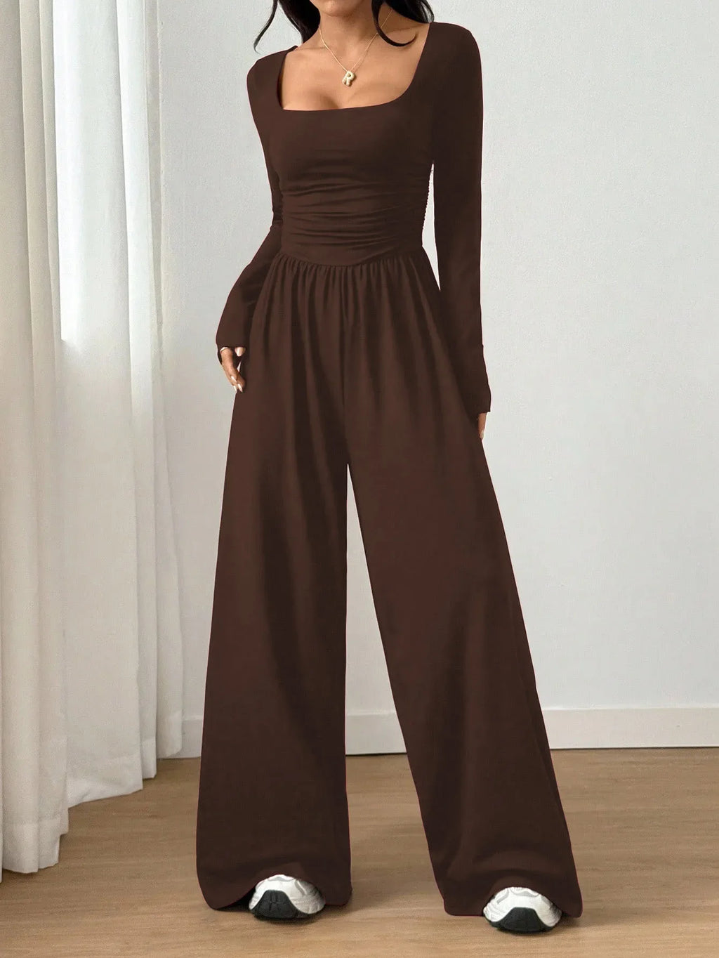 Women's Casual Solid Color Square Neck Long Sleeve A-Line Jumpsuit Pleating Wide Leg Loose Mopping Jumpsuit Spring/Fall 2026