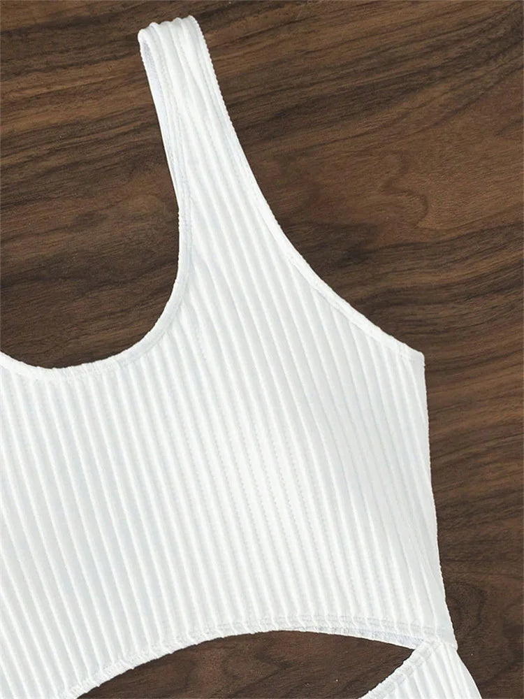 Sexy White One Piece Swimsuit Women New Hollow Out Swimwear 2024 Ribbed Bathing Suit Push Up Monokini Beach Swimming Suit Summer