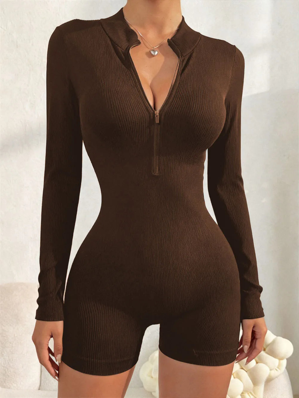 Women's Solid Color Half Zip Ribbed Knit Short Sleeve Romper Sports Soft Slim Fit Mock Neck Jumpsuit Streetwear 2025 Summer