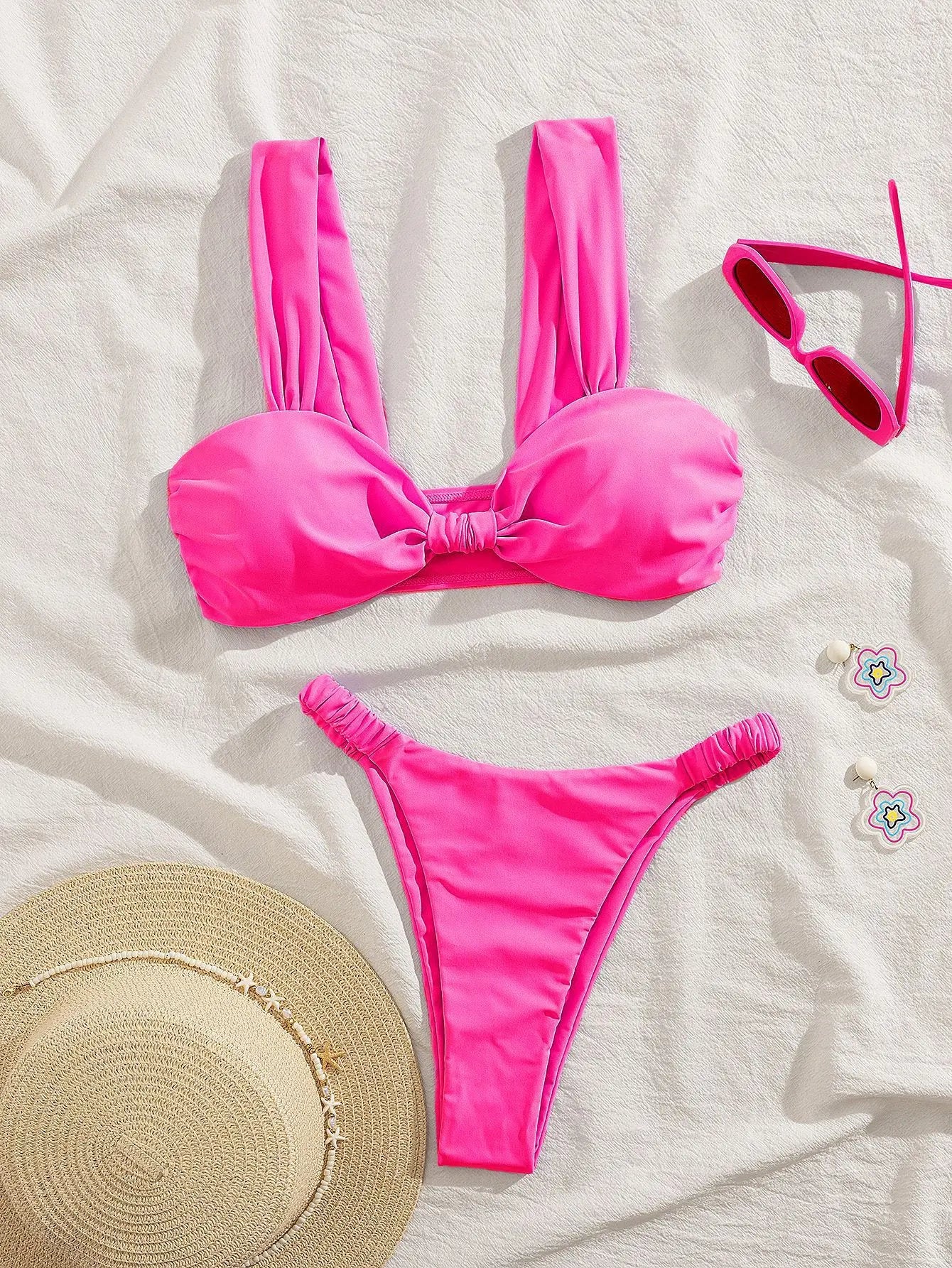 2026 Swimwear Women Halter Low Cut Bikini Set Solid Pleated Split Swimsuit Sexy Thongs Summer New Holiday Bathing Suit