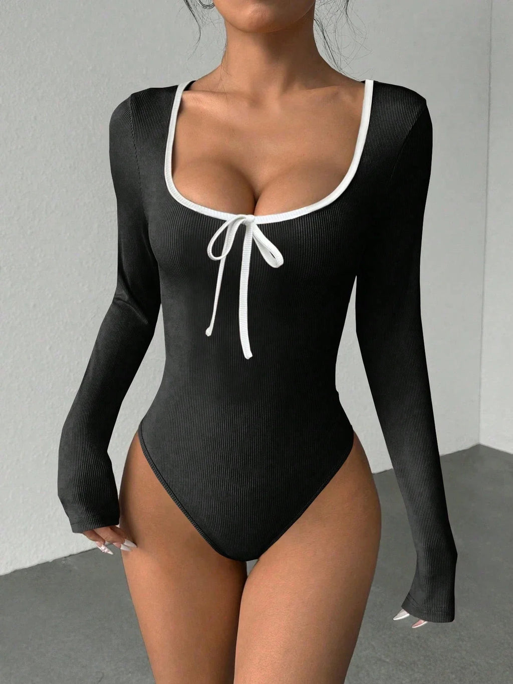 Women's Sexy U-Neck Bowknot Color Block Long Sleeve Bodysuit Casual Slim Fit Rib-knit Bodycon Spring/Fall Streetwear