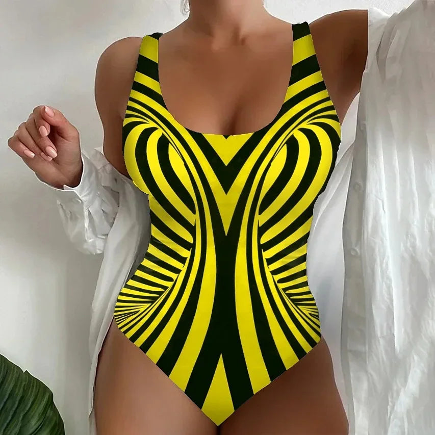 Vintage Abstract Print One Piece Swimsuit Women 2025 Black White Striped Tummy Control Large Size Swimwear Bathing Suit Monokini