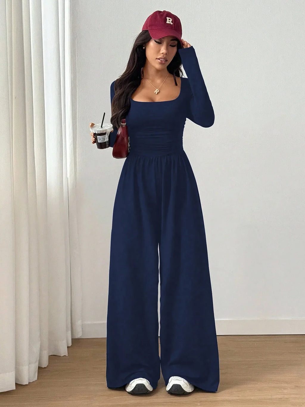 Women's Casual Solid Color Square Neck Long Sleeve A-Line Jumpsuit Pleating Wide Leg Loose Mopping Jumpsuit Spring/Fall 2026