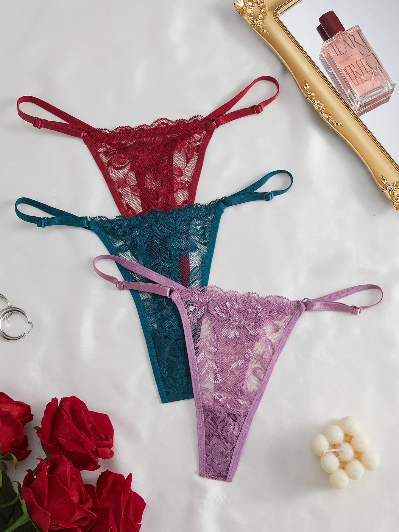 3-Pack Women's Sexy Lace Panties Underwear, Adjustable Strap Floral Lace Sheer Mesh Sexy Thong