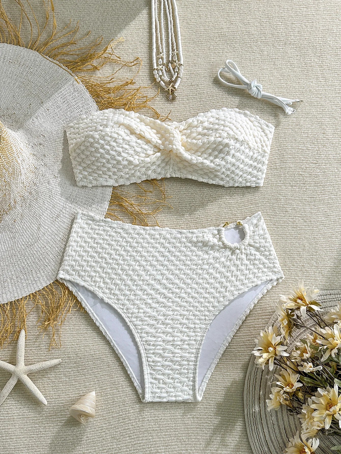 2026 2Pcs Sexy Bikinis Set Women High Waist Strapless Push Up Bra Solid Color Knot Padded Bras Briefs Bikini Swimwear Swimsuit