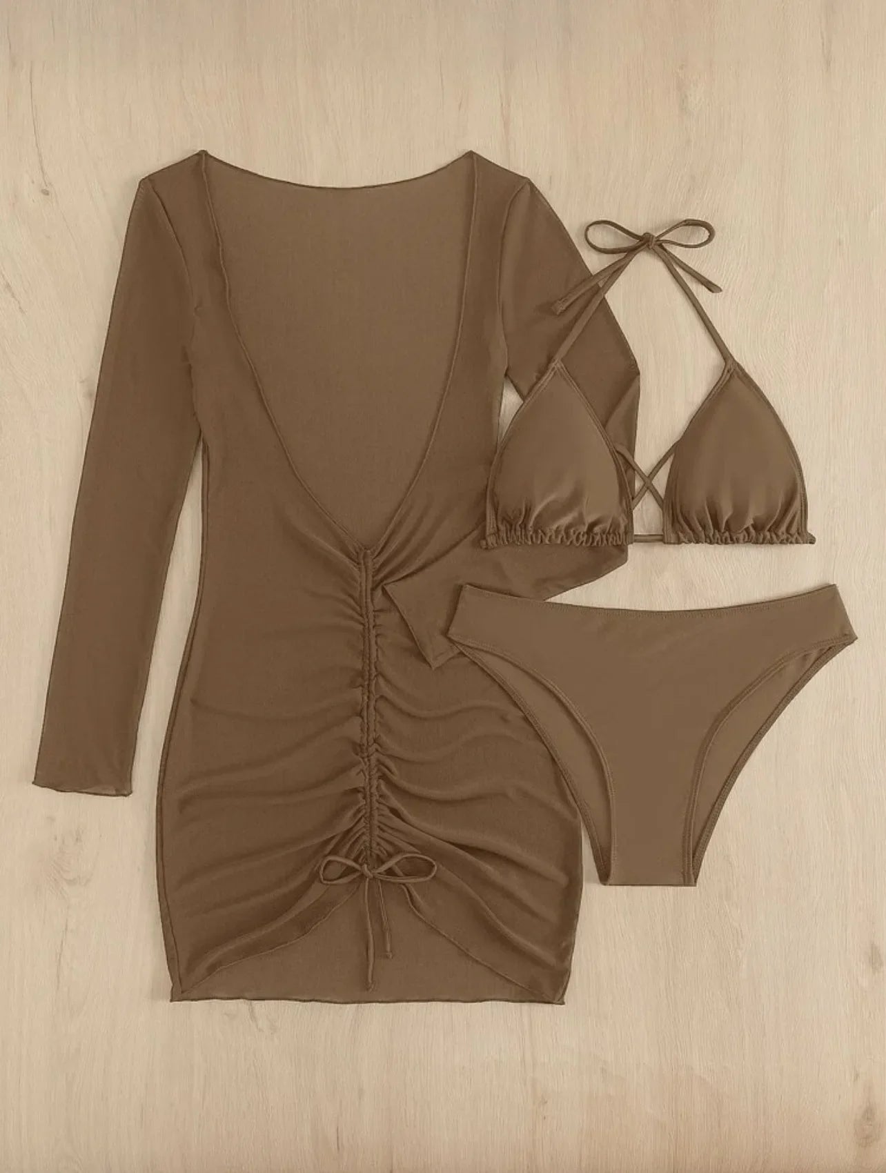 Long Sleeves Dress Bikini Set 2025 Women Neon Green Lace Up 3 Pieces Swimsuit Brazilian Bathing Suit Pleate Cover Up Swimwear