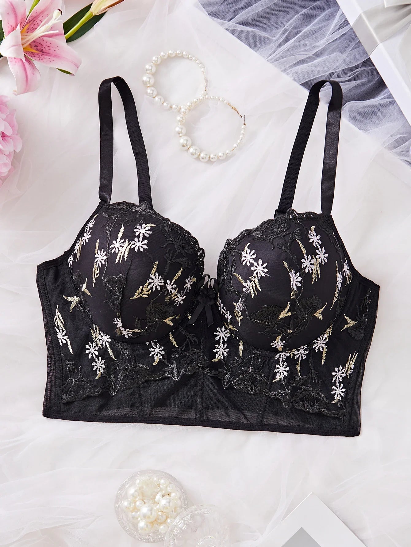 Plus Size Floral Embroidered Lace Bustier Bra – Push Up, Tummy Control & Non-Slip Corset Top