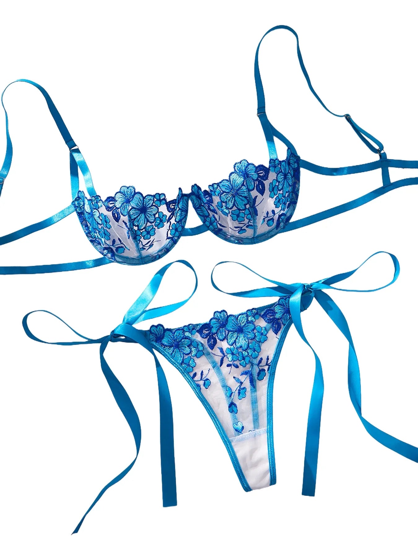 Lady Floral Embroidery Lingerie Set Women Sheer Bra and Brief Underwear Set Satin Sexy Intimates Underwear