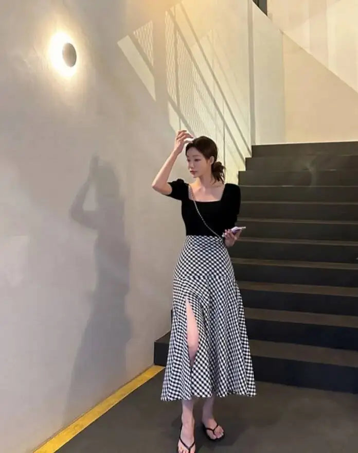 WOMENGAGA Korea Style 2023 Spring/Summer New High Waist Elegant Split Plaid Skirts Half Length Skirts Fashion Women 2023 22IV