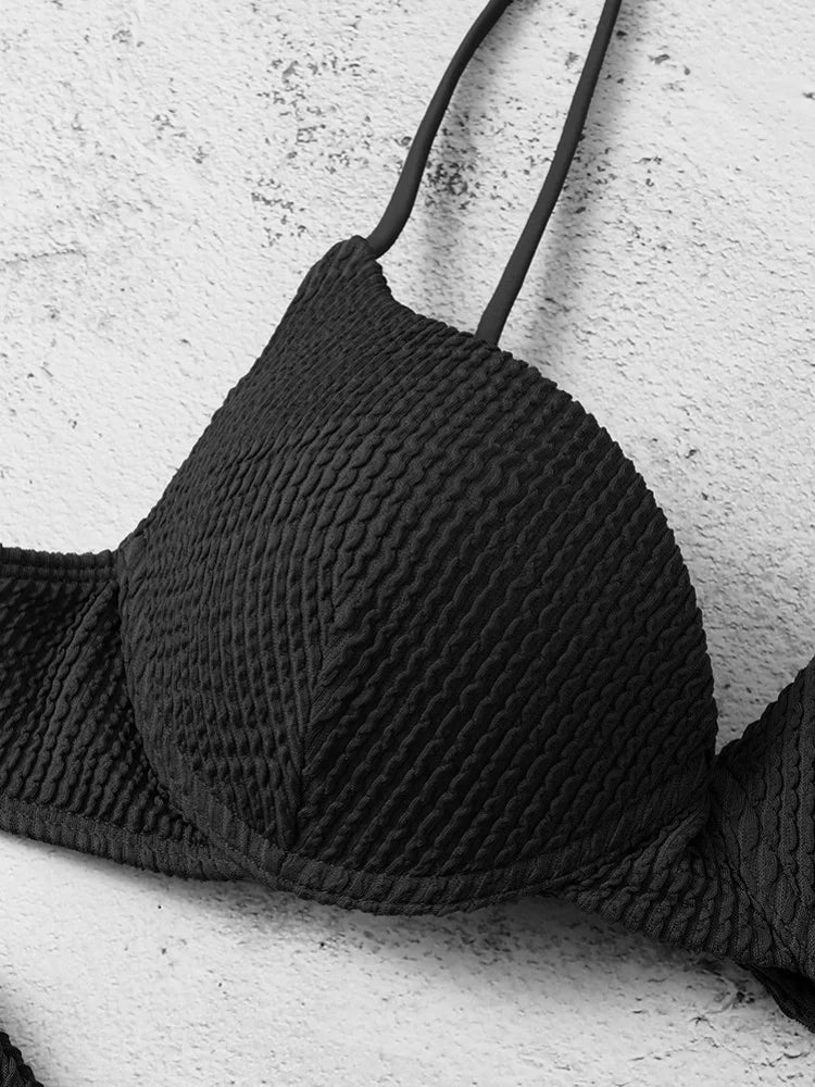Sexy Underwire Bikini 2026 Women Black Ribbed Push Up Bra Thong Swimsuit Brazilian Beach Bathing Suit Holiday Swimwear Biquini