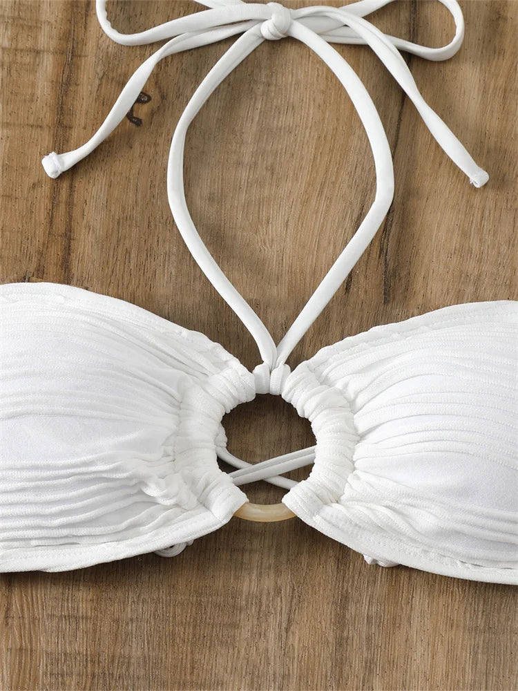 Sexy Bikini 2026 Women White Ring Linked Hollow Out Push Up Micro Swimsuit Brazilian Bandeau Bathing Suit Bandage Thong Swimwear